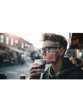 Intra Συλλεκτικό Ξύλινο Παζλ Plywood  4mm - Νεαρός άνδρας με γυαλιά και κουκούλα που κάθεται σε εξωτερικούς χώρους με καφέ και τηλέφωνο Σε Ξύλινο Κουτί - Διαστάσεις Puzzle: 10x10 cm – 25 κομμάτια