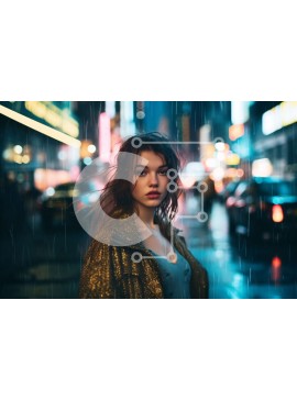 Intra Συλλεκτικό Ξύλινο Παζλ Plywood  4mm - Κυκλοθυμική φωτογραφία μιας νεαρής γυναίκας με γυαλιστερό χρυσό σακάκι που στέκεται στη βροχή σε έναν δρόμο της πόλης Σε Ξύλινο Κουτί - Διαστάσεις Puzzle: 10x10 cm – 25 κομμάτια