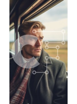 Intra Συλλεκτικό Ξύλινο Παζλ Plywood  4mm - Άνδρας που φορά παλτό και κασκόλ κοιτάζοντας έξω από το παράθυρο του τρένου Σε Ξύλινο Κουτί - Διαστάσεις Puzzle: 10x10 cm – 25 κομμάτια