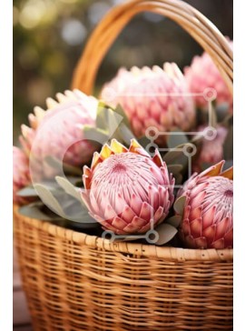 Σετ των 2 Intra Συλλεκτικό Ξύλινο Παζλ Plywood  4mm - Ροζ λουλούδια Protea σε ψάθινο καλάθι σε τραπέζι εξωτερικού χώρου Σε Ξύλινο Κουτί - Διαστάσεις: 10x10 cm – 25 κομμάτια