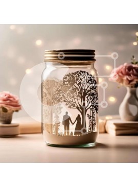 Intra Συλλεκτικό Ξύλινο Παζλ Plywood  4mm - Mason Jar με σιλουέτα δύο ανθρώπων στο δάσος Σε Ξύλινο Κουτί - Διαστάσεις Puzzle: 10x10 cm – 25 κομμάτια