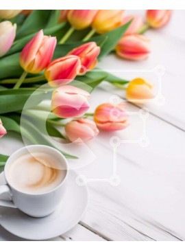 Σετ των 2 Intra Συλλεκτικό Ξύλινο Παζλ Plywood  4mm - Φλιτζάνι καφέ με τουλίπες και λουλούδια Σε Ξύλινο Κουτί - Διαστάσεις: 10x10 cm – 25 κομμάτια