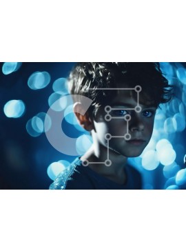 Intra Συλλεκτικό Ξύλινο Παζλ Plywood  4mm - Νεαρό αγόρι με μπλε μάτια που στέκεται μπροστά από τα πολύχρωμα φώτα Σε Ξύλινο Κουτί - Διαστάσεις Puzzle: 10x10 cm – 25 κομμάτια