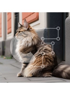 Intra Συλλεκτικό Ξύλινο Παζλ Plywood  4mm - Χαριτωμένη εικόνα της μακρυμάλλης γάτας στο πεζοδρόμιο μπροστά από το κόκκινο παντζούρι κτήριο Σε Ξύλινο Κουτί - Διαστάσεις: 10x10 cm – 25 κομμάτια