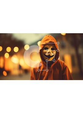 Intra Συλλεκτικό Ξύλινο Παζλ Plywood  4mm - Νεαρό άτομο με πορτοκαλί φούτερ και μάσκα για το Halloween Σε Ξύλινο Κουτί - Διαστάσεις Puzzle: 10x10 cm – 25 κομμάτια