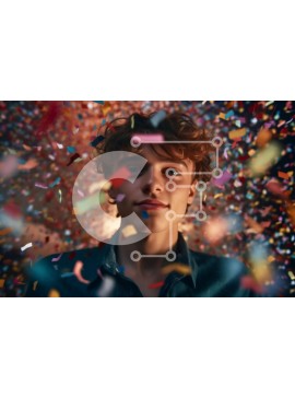 Intra Συλλεκτικό Ξύλινο Παζλ Plywood  4mm - Σοβαρός νεαρός άνδρας με μπλε πουκάμισο που περιβάλλεται από πολύχρωμα κομφετί Σε Ξύλινο Κουτί - Διαστάσεις Puzzle: 10x10 cm – 25 κομμάτια