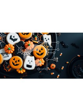 Σετ των 2 Intra Συλλεκτικό Ξύλινο Παζλ Plywood  4mm - Μπισκότα και καραμέλες με θέμα το Halloween σε ένα πορτοκαλί τραπεζομάντιλο Σε Ξύλινο Κουτί - Διαστάσεις: 10x10 cm – 25 κομμάτια