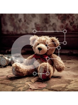 Intra Συλλεκτικό Ξύλινο Παζλ Plywood  4mm - Το αρκουδάκι κάθεται στο πάτωμα σε ένα δωμάτιο με κατεστραμμένους τοίχους και συντρίμμια Σε Ξύλινο Κουτί - Διαστάσεις Puzzle: 10x10 cm – 25 κομμάτια