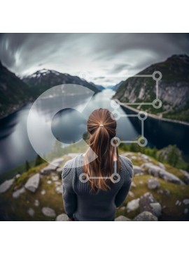 Intra Συλλεκτικό Ξύλινο Παζλ Plywood  4mm - Γυναίκα που στέκεται στον γκρεμό με θέα στο νερό και τα βουνά Σε Ξύλινο Κουτί - Διαστάσεις: 10x10 cm – 25 κομμάτια