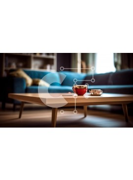 Intra Συλλεκτικό Ξύλινο Παζλ Plywood  4mm - Κομψό και μοντέρνο ξύλινο τραπεζάκι σαλονιού με μπλε καναπέ σε φόντο Σε Ξύλινο Κουτί - Διαστάσεις Puzzle: 10x10 cm – 25 κομμάτια