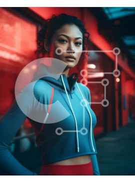 Intra Συλλεκτικό Ξύλινο Παζλ Plywood  4mm - Σοβαρή νεαρή γυναίκα με μπλε κουκούλα και κόκκινο κολάν Σε Ξύλινο Κουτί - Διαστάσεις Puzzle: 10x10 cm – 25 κομμάτια