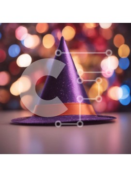 Intra Συλλεκτικό Ξύλινο Παζλ Plywood  4mm - Μωβ καπέλο μάγισσας στο τραπέζι με φόντο θολή πολύχρωμα φώτα Σε Ξύλινο Κουτί - Διαστάσεις Puzzle: 10x10 cm – 25 κομμάτια