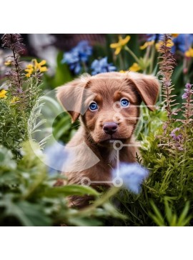 Intra Συλλεκτικό Ξύλινο Παζλ Plywood  4mm - Αξιολάτρευτη εικόνα ενός σκύλου σε έναν κήπο με λουλούδια Σε Ξύλινο Κουτί - Διαστάσεις: 10x10 cm – 25 κομμάτια