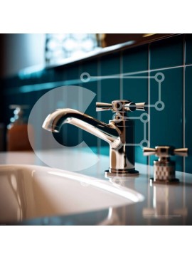 Intra Συλλεκτικό Ξύλινο Παζλ Plywood  4mm - Κομψός νιπτήρας μπάνιου με μπλε και λευκούς τοίχους με πλακάκια Σε Ξύλινο Κουτί - Διαστάσεις Puzzle: 10x10 cm – 25 κομμάτια