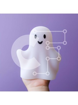 Intra Συλλεκτικό Ξύλινο Παζλ Plywood  4mm - Χαμογελαστό ειδώλιο λευκό φάντασμα στο χέρι σε μωβ φόντο Σε Ξύλινο Κουτί - Διαστάσεις Puzzle: 10x10 cm – 25 κομμάτια