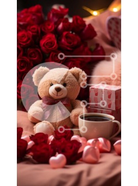Intra Συλλεκτικό Ξύλινο Παζλ Plywood  4mm - Αξιολάτρευτη εικόνα του αρκουδάκι με καφέ και τριαντάφυλλα Σε Ξύλινο Κουτί - Διαστάσεις Puzzle: 10x10 cm – 25 κομμάτια