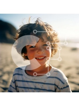 Intra Συλλεκτικό Ξύλινο Παζλ Plywood  4mm - Νεαρό αγόρι που χαμογελά στην παραλία με σγουρά μαλλιά και ριγέ πουκάμισο Σε Ξύλινο Κουτί - Διαστάσεις Puzzle: 10x10 cm – 25 κομμάτια