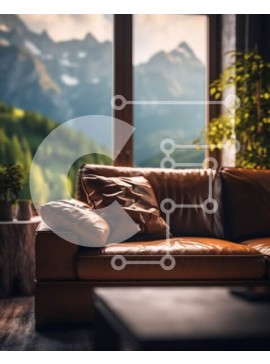 Intra Συλλεκτικό Ξύλινο Παζλ Plywood  4mm - Ευρύχωρο δωμάτιο με καφέ δερμάτινο καναπέ και θέα στο βουνό Σε Ξύλινο Κουτί - Διαστάσεις Puzzle: 10x10 cm – 25 κομμάτια