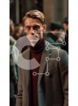 Intra Συλλεκτικό Ξύλινο Παζλ Plywood  4mm - Άνδρας με γκρι παλτό και κόκκινο ζιβάγκο κοιτάζει τηλέφωνο σε πολυσύχναστο δρόμο της πόλης Σε Ξύλινο Κουτί - Διαστάσεις Puzzle: 10x10 cm – 25 κομμάτια