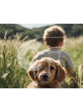 Intra Συλλεκτικό Ξύλινο Παζλ Plywood  4mm - Νεαρό αγόρι και κουτάβι Γκόλντεν Ριτρίβερ στο χωράφι με ψηλό γρασίδι Σε Ξύλινο Κουτί - Διαστάσεις Puzzle: 10x10 cm – 25 κομμάτια