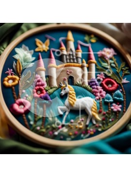 Intra Συλλεκτικό Ξύλινο Παζλ Plywood  4mm - Κεντημένο Κάστρο με Μονόκερο και Floral σχέδιο Σε Ξύλινο Κουτί - Διαστάσεις Puzzle: 10x10 cm – 25 κομμάτια