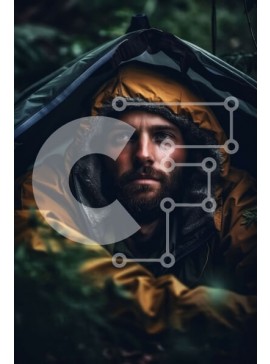 Intra Συλλεκτικό Ξύλινο Παζλ Plywood  4mm - Σοβαρός άντρας με κίτρινο αδιάβροχο και γένια στο δάσος Σε Ξύλινο Κουτί - Διαστάσεις Puzzle: 10x10 cm – 25 κομμάτια