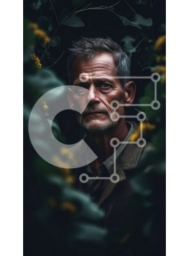 Intra Συλλεκτικό Ξύλινο Παζλ Plywood  4mm - Σοβαρός ηλικιωμένος με καφέ σακάκι που κοιτάζει μέσα από τα φύλλα ενός δέντρου Σε Ξύλινο Κουτί - Διαστάσεις Puzzle: 10x10 cm – 25 κομμάτια