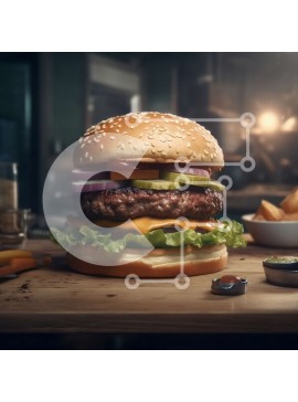 Σετ των 2 Intra Συλλεκτικό Ξύλινο Παζλ Plywood  4mm - Νόστιμο Cheeseburger με φρέσκα λαχανικά σε ξύλινο τραπέζι με θέα στην πόλη Σε Ξύλινο Κουτί - Διαστάσεις: 10x10 cm – 25 κομμάτια