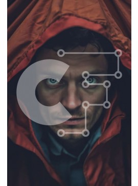 Intra Συλλεκτικό Ξύλινο Παζλ Plywood  4mm - Ασπρόμαυρη εικόνα του άνδρα με κόκκινο σακάκι και μαύρο φασόλι Σε Ξύλινο Κουτί - Διαστάσεις Puzzle: 10x10 cm – 25 κομμάτια