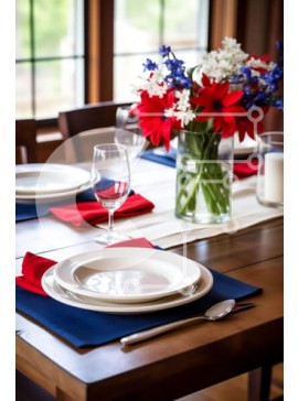 Σετ των 2 Intra Συλλεκτικό Ξύλινο Παζλ Plywood  4mm - Κομψή ρύθμιση τραπεζαρίας με κόκκινα, λευκά και μπλε πιάτα Σε Ξύλινο Κουτί - Διαστάσεις: 10x10 cm – 25 κομμάτια