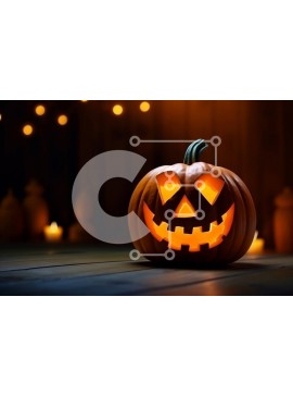 Intra Συλλεκτικό Ξύλινο Παζλ Plywood  4mm - Αναμμένη σκαλιστή κολοκύθα σε ξύλινο τραπέζι στο σκοτάδι Σε Ξύλινο Κουτί - Διαστάσεις Puzzle: 10x10 cm – 25 κομμάτια