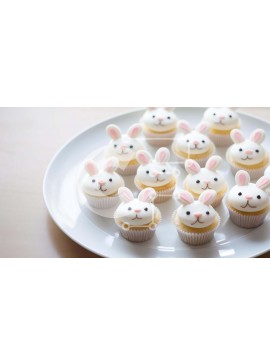 Σετ των 2 Intra Συλλεκτικό Ξύλινο Παζλ Plywood  4mm - Ρύθμιση Cupcake λαγουδάκι κουνελιών σε λευκό πιάτο Σε Ξύλινο Κουτί - Διαστάσεις: 10x10 cm – 25 κομμάτια