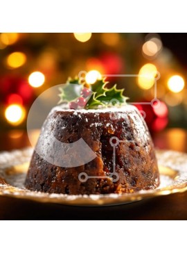 Σετ των 2 Intra Συλλεκτικό Ξύλινο Παζλ Plywood  4mm - Κοντινή εικόνα της χριστουγεννιάτικης πουτίγκας με φύλλα πουρνάρι και σάλτσα σοκολάτας Σε Ξύλινο Κουτί - Διαστάσεις: 10x10 cm – 25 κομμάτια