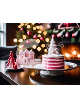 Σετ των 2 Intra Συλλεκτικό Ξύλινο Παζλ Plywood  4mm - Ροζ ριγέ τούρτα στο τραπέζι με διακοσμητικό τζάκι Σε Ξύλινο Κουτί - Διαστάσεις: 10x10 cm – 25 κομμάτια