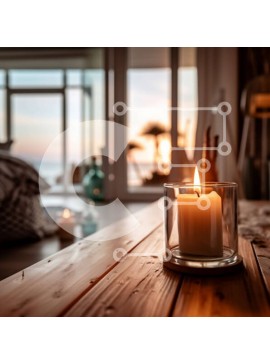 Intra Συλλεκτικό Ξύλινο Παζλ Plywood  4mm - Χαλαρωτικό υπνοδωμάτιο με θέα στον ωκεανό και ατμόσφαιρα υπό το φως των κεριών Σε Ξύλινο Κουτί - Διαστάσεις Puzzle: 10x10 cm – 25 κομμάτια