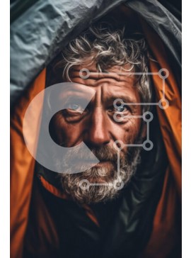 Intra Συλλεκτικό Ξύλινο Παζλ Plywood  4mm - Σοβαρός ηλικιωμένος με αδιάβροχο και ομπρέλα μπροστά από τη σκηνή Σε Ξύλινο Κουτί - Διαστάσεις Puzzle: 10x10 cm – 25 κομμάτια