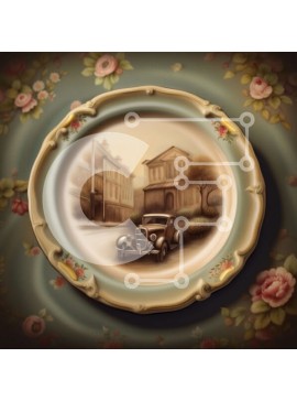 Intra Συλλεκτικό Ξύλινο Παζλ Plywood  4mm - Vintage αυτοκίνητο με ροζ και λευκά λουλούδια στο κτίριο Σε Ξύλινο Κουτί - Διαστάσεις Puzzle: 10x10 cm – 25 κομμάτια