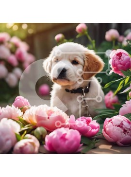 Intra Συλλεκτικό Ξύλινο Παζλ Plywood  4mm - Κουτάβι ανάμεσα σε ροζ παιώνιες Σε Ξύλινο Κουτί - Διαστάσεις: 10x10 cm – 25 κομμάτια