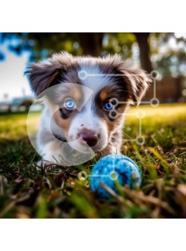 Intra Συλλεκτικό Ξύλινο Παζλ Plywood  4mm - Αξιολάτρευτη εικόνα ενός κουταβιού με μπλε μάτια που παίζει με μια μπάλα Σε Ξύλινο Κουτί - Διαστάσεις: 10x10 cm – 25 κομμάτια