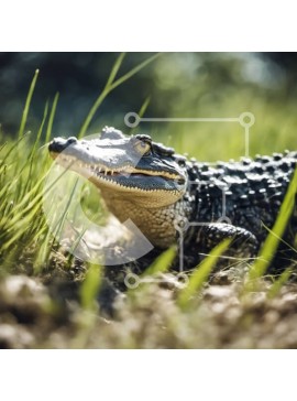 Intra Συλλεκτικό Ξύλινο Παζλ Plywood  4mm - Κοντινή όψη του κεφαλιού ενός αλιγάτορα σε μια χλοώδη περιοχή Σε Ξύλινο Κουτί - Διαστάσεις: 10x10 cm – 25 κομμάτια