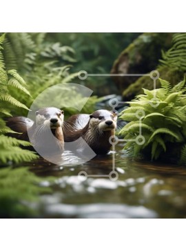 Intra Συλλεκτικό Ξύλινο Παζλ Plywood  4mm - Βίδρες που κολυμπούν σε ένα ρεύμα με φτέρες και φυτά Σε Ξύλινο Κουτί - Διαστάσεις: 10x10 cm – 25 κομμάτια