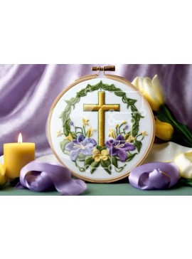 Intra Συλλεκτικό Ξύλινο Παζλ Plywood  4mm - Θρησκευτικό τσέρκι κεντήματος με σταυρό, λουλούδια και κεριά Σε Ξύλινο Κουτί - Διαστάσεις Puzzle: 10x10 cm – 25 κομμάτια