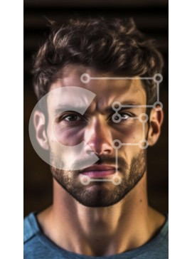 Intra Συλλεκτικό Ξύλινο Παζλ Plywood  4mm - Σοβαρό πορτρέτο ενός νεαρού άνδρα με σγουρά καστανά μαλλιά και ανακατωμένη γενειάδα Σε Ξύλινο Κουτί - Διαστάσεις Puzzle: 10x10 cm – 25 κομμάτια