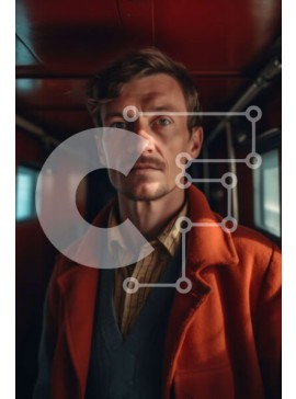 Intra Συλλεκτικό Ξύλινο Παζλ Plywood  4mm - Άνδρας με πορτοκαλί παλτό και μουστάκι στο τρένο Σε Ξύλινο Κουτί - Διαστάσεις Puzzle: 10x10 cm – 25 κομμάτια