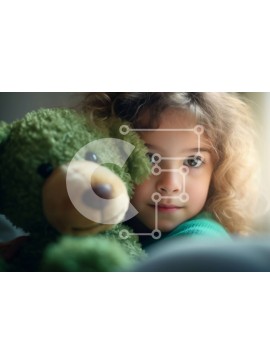 Intra Συλλεκτικό Ξύλινο Παζλ Plywood  4mm - Νεαρό κορίτσι που αγκαλιάζει πράσινο γεμιστό ζώο με σγουρά μαλλιά Σε Ξύλινο Κουτί - Διαστάσεις Puzzle: 10x10 cm – 25 κομμάτια