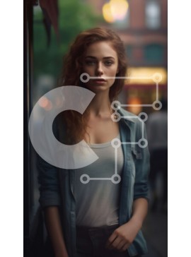 Intra Συλλεκτικό Ξύλινο Παζλ Plywood  4mm - Στοχαστική νεαρή γυναίκα με κόκκινα μαλλιά σε τζιν πουκάμισο Σε Ξύλινο Κουτί - Διαστάσεις Puzzle: 10x10 cm – 25 κομμάτια