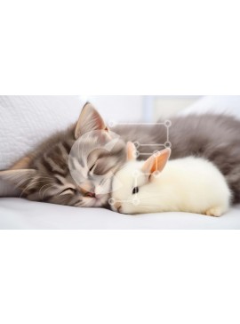 Σετ των 2 Intra Συλλεκτικό Ξύλινο Παζλ Plywood  4mm - Γάτα και λαγουδάκι αγκαλιά στο κρεβάτι Σε Ξύλινο Κουτί - Διαστάσεις: 10x10 cm – 25 κομμάτια