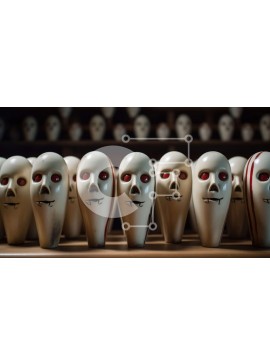 Intra Συλλεκτικό Ξύλινο Παζλ Plywood  4mm - Ξύλινα κρανία με κόκκινα μάτια στο ράφι Σε Ξύλινο Κουτί - Διαστάσεις Puzzle: 10x10 cm – 25 κομμάτια