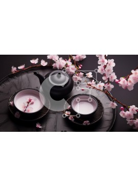 Intra Συλλεκτικό Ξύλινο Παζλ Plywood  4mm - Μαύρη τσαγιέρα και φλιτζάνια ροζ άνθη Σε Ξύλινο Κουτί - Διαστάσεις Puzzle: 10x10 cm – 25 κομμάτια