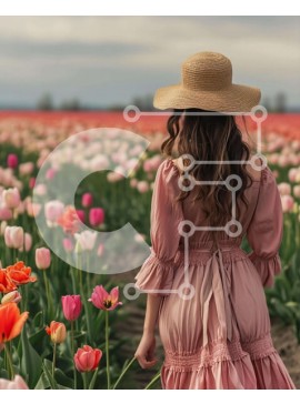 Intra Συλλεκτικό Ξύλινο Παζλ Plywood  4mm - Γυναίκα που στέκεται σε ένα χωράφι με ροζ τουλίπες Σε Ξύλινο Κουτί - Διαστάσεις: 10x10 cm – 25 κομμάτια